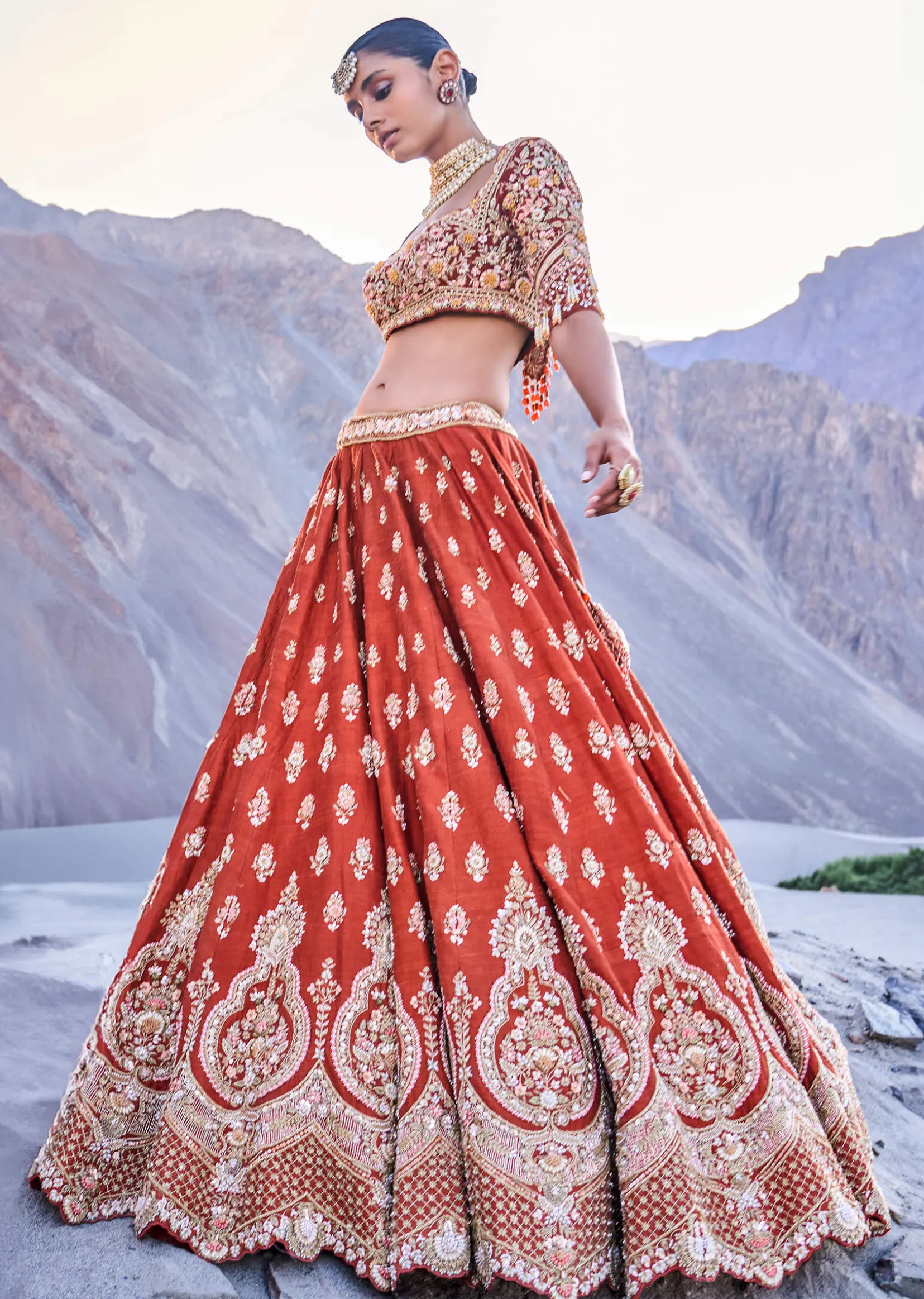 Burnt Orange Embroidered Silk Lehenga With Two Dupattas