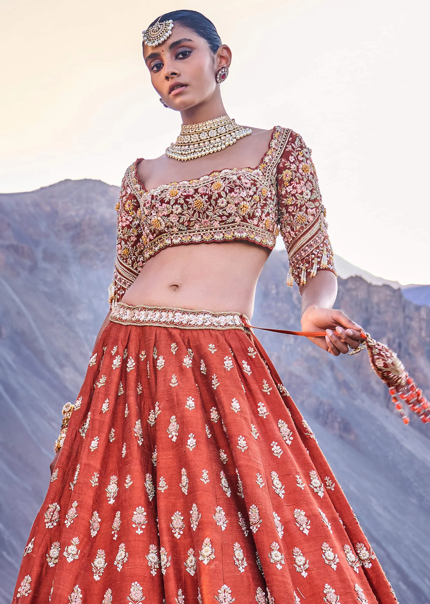 Burnt Orange Embroidered Silk Lehenga With Two Dupattas