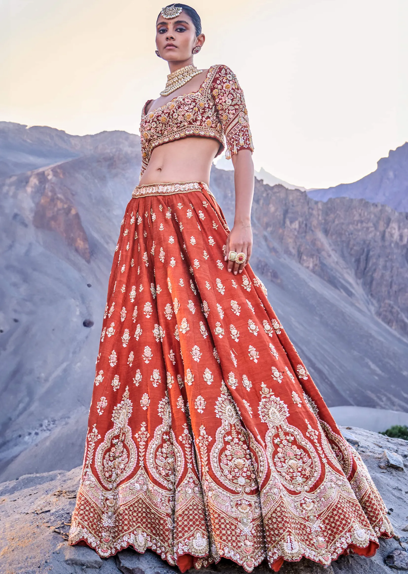 Burnt Orange Embroidered Silk Lehenga With Two Dupattas