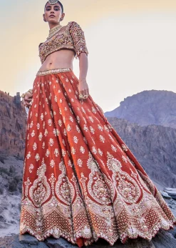 Burnt Orange Embroidered Silk Lehenga With Two Dupattas