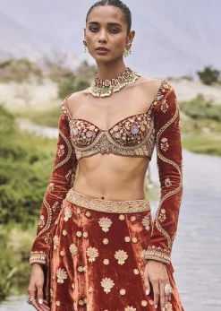 Burnt Orange Multi Embroidered Velvet Lehenga And Printed Organza Dupatta