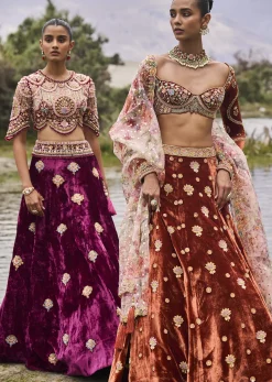Burnt Orange Multi Embroidered Velvet Lehenga And Printed Organza Dupatta