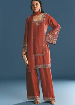 Burnt Orange Silk Sequin Beaded Kurta Set With Dupatta