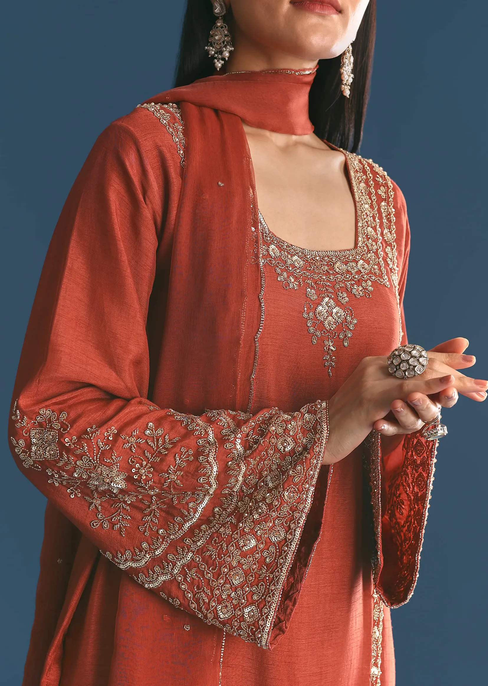 Burnt Orange Silk Sequin Beaded Kurta Set With Dupatta