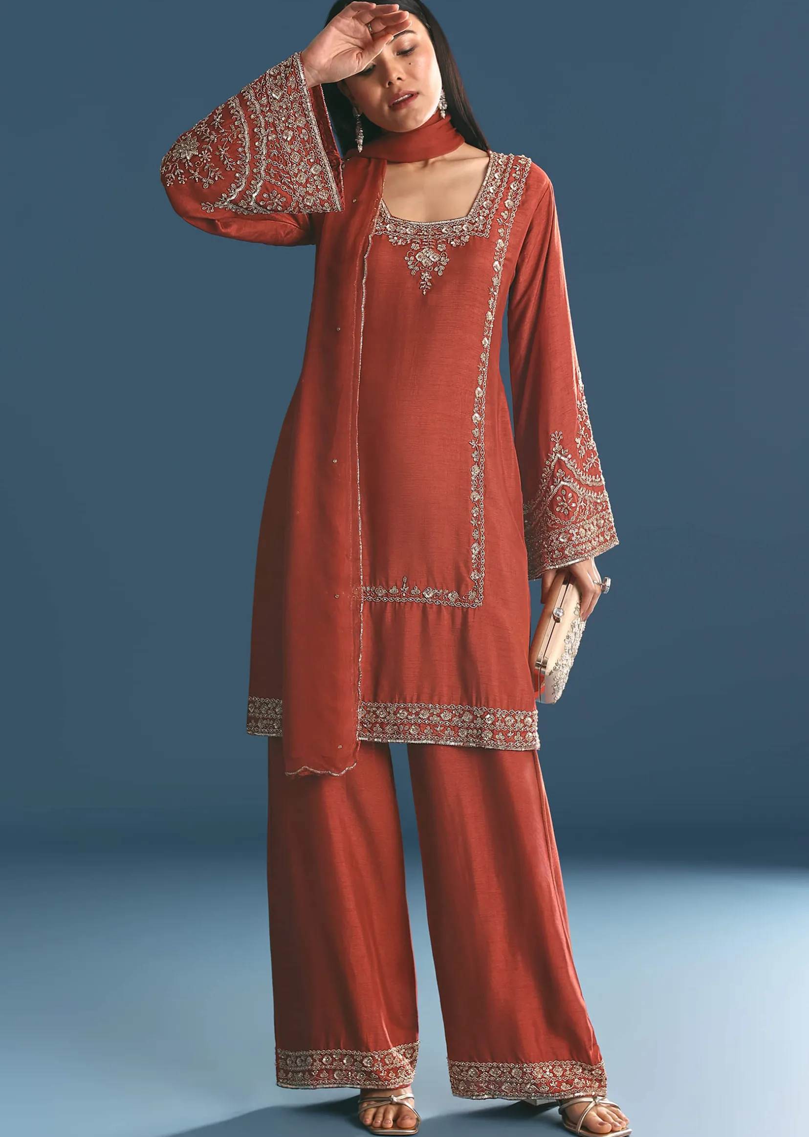 Burnt Orange Silk Sequin Beaded Kurta Set With Dupatta