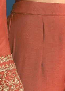 Burnt Orange Silk Sequin Beaded Kurta Set With Dupatta