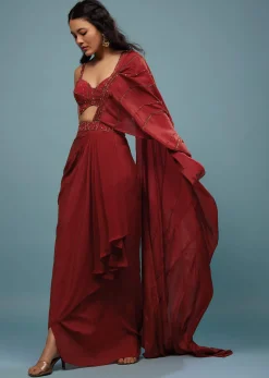 Burnt Red Ready-Pleated Embroidered Saree