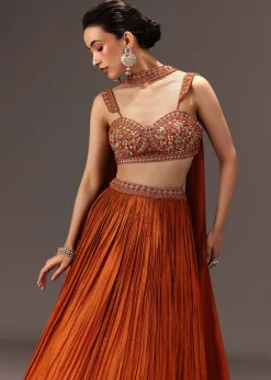 Burnt Rust Organza Hand Embellished Ruched Lehenga Set With Choker Dupatta