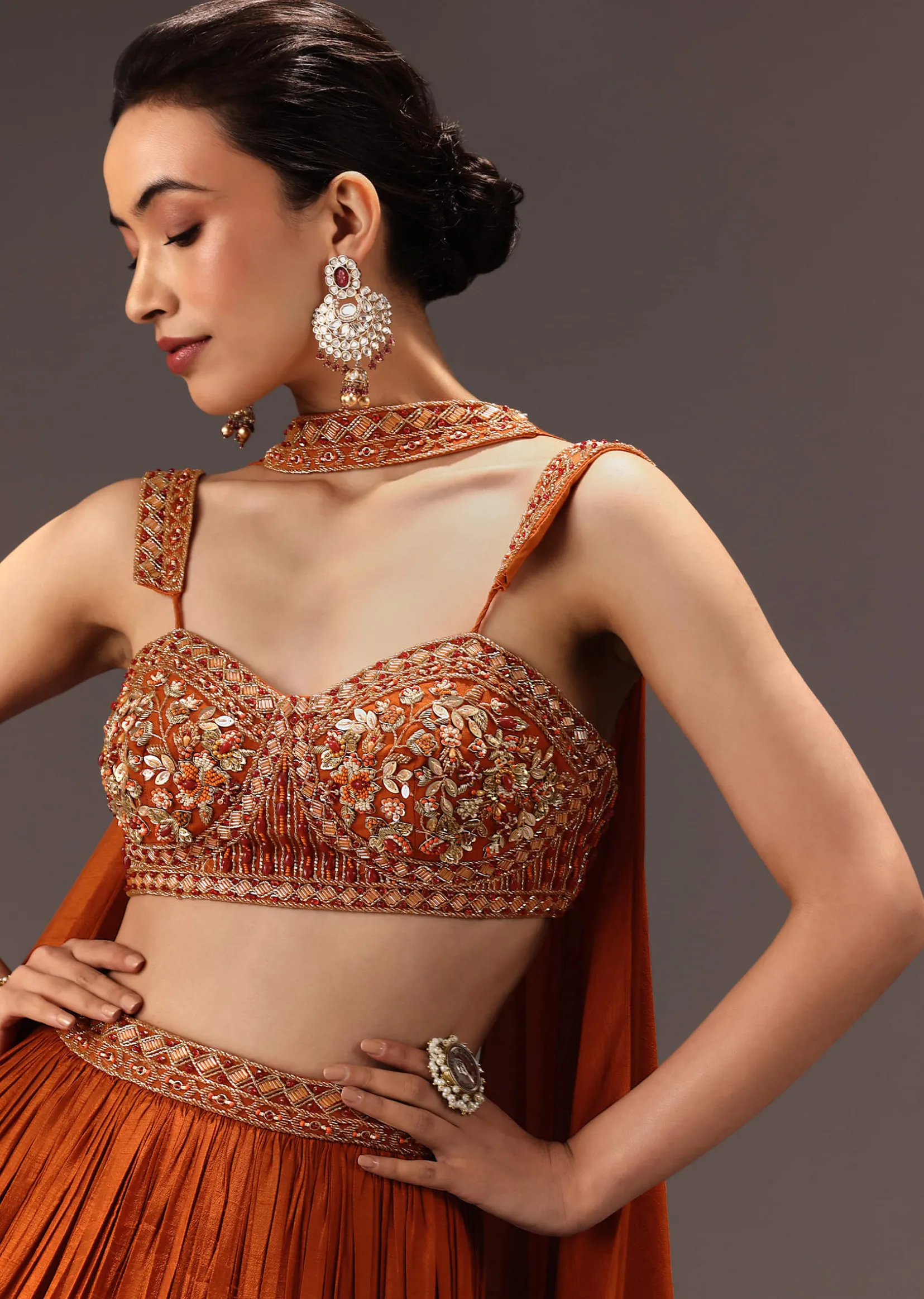 Burnt Rust Organza Hand Embellished Ruched Lehenga Set With Choker Dupatta