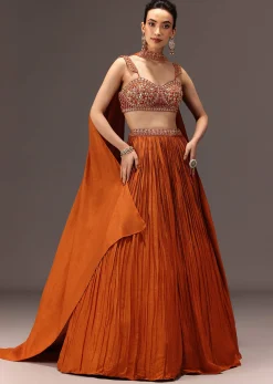 Burnt Rust Organza Hand Embellished Ruched Lehenga Set With Choker Dupatta
