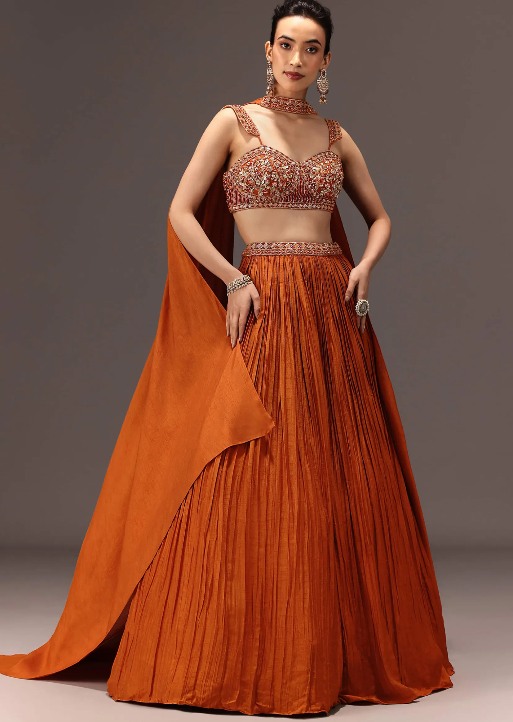 Burnt Rust Organza Hand Embellished Ruched Lehenga Set With Choker Dupatta