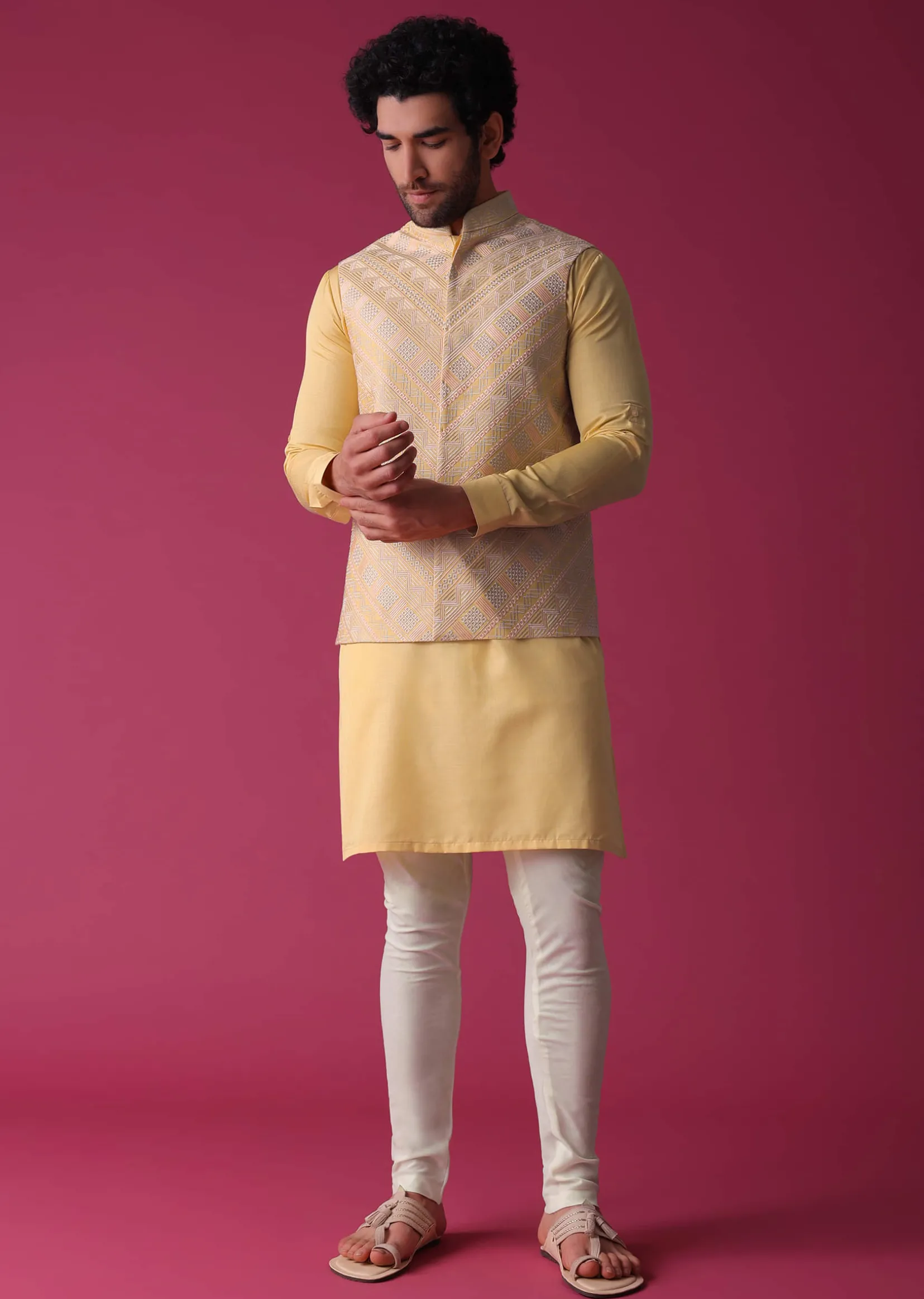Canary Yellow Jacket Kurta Set In Art Silk With Threadwork