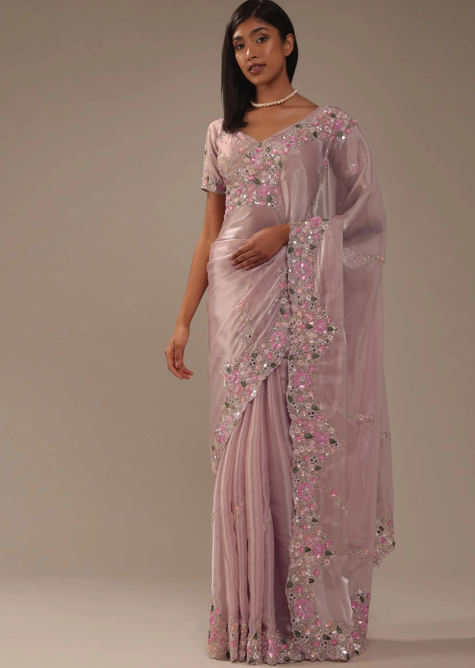 Candy Pink Glass Silk Saree With 3D Floral Embroidery