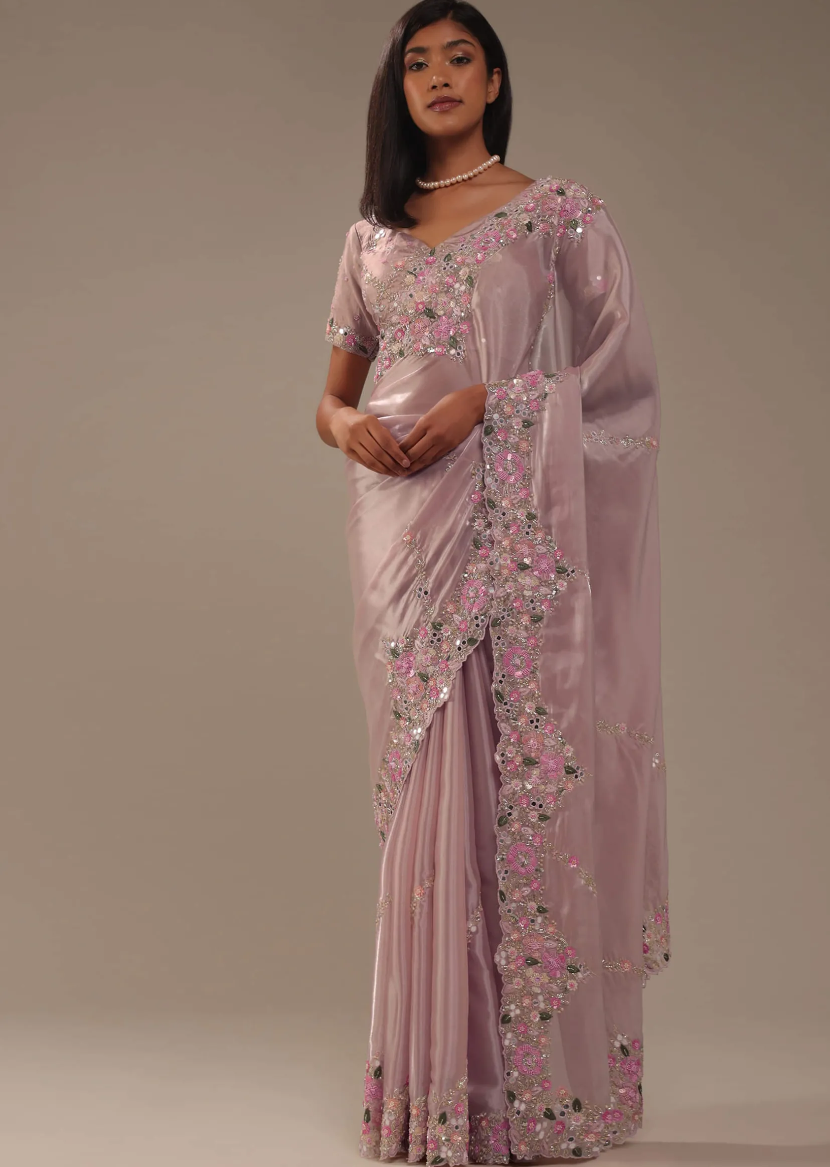 Candy Pink Glass Silk Saree With 3D Floral Embroidery