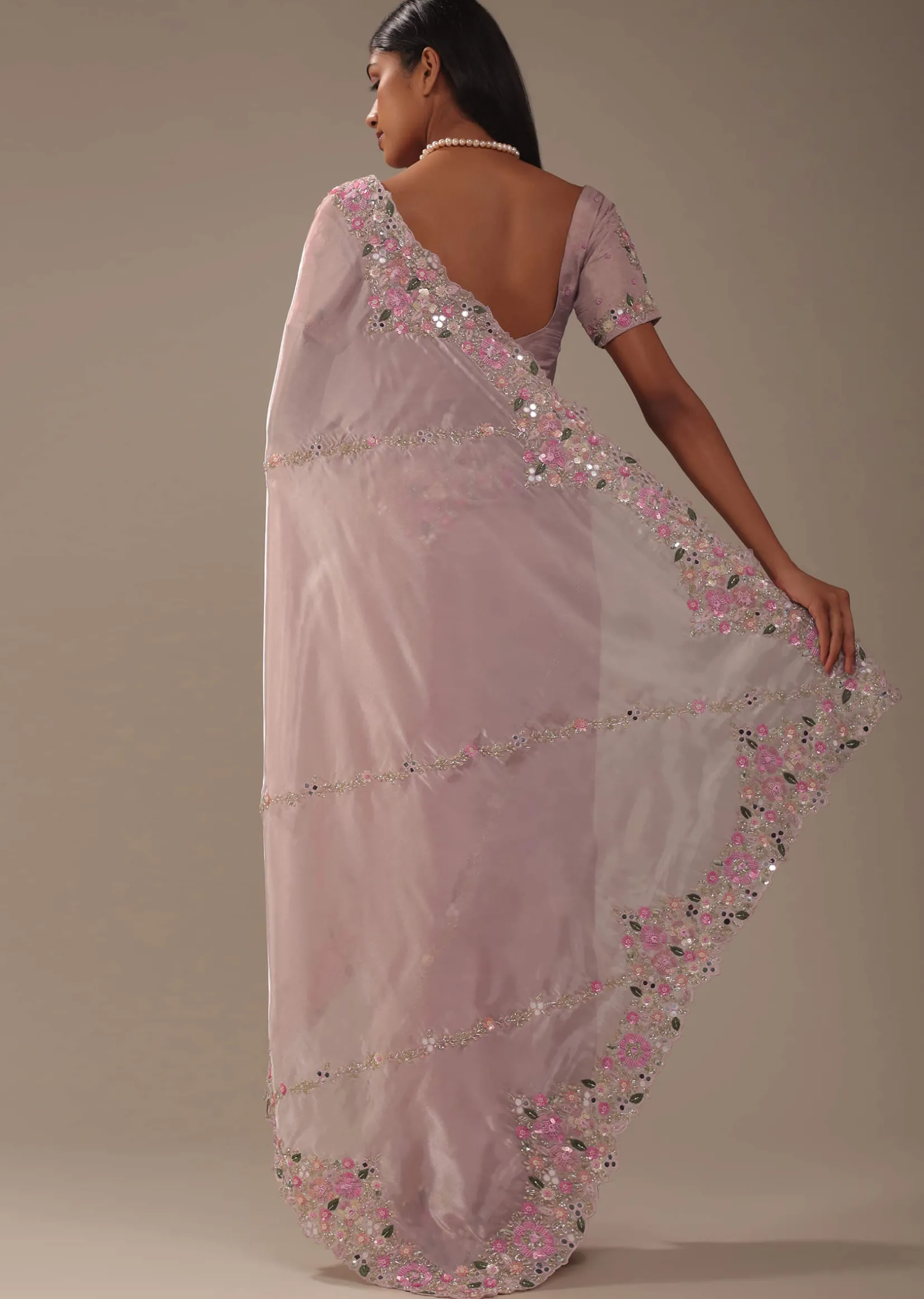 Candy Pink Glass Silk Saree With 3D Floral Embroidery