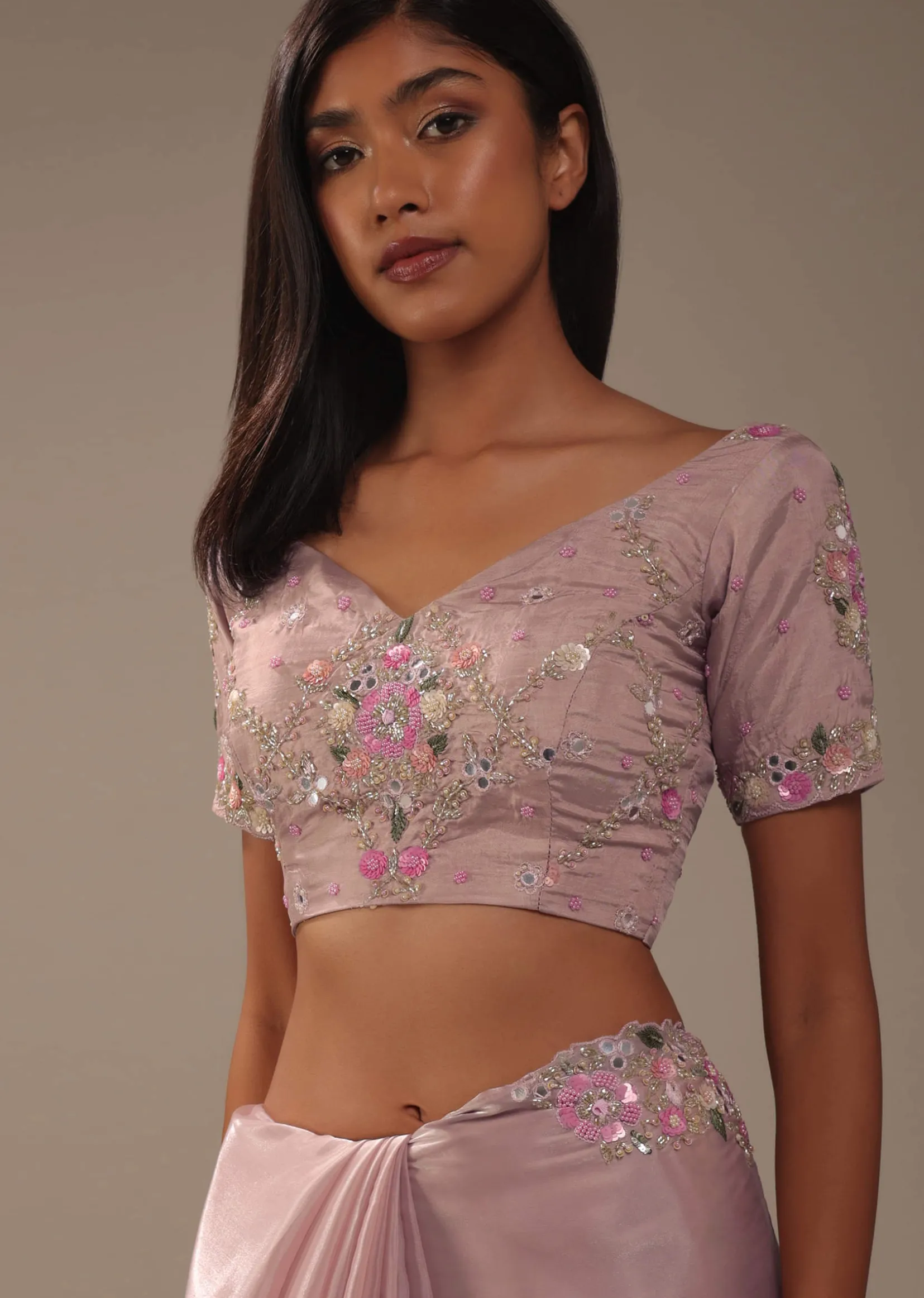 Candy Pink Glass Silk Saree With 3D Floral Embroidery