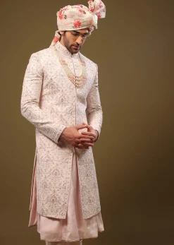 Candy Pink Silk Sherwani Set In Cutdana And Sequin Embroidery With Threadwork