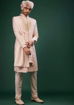 Candy Pink Thread Embroidered Sherwani Set In Raw Silk