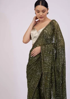 Capulet Olive Green Saree In Sequins With Embroidery