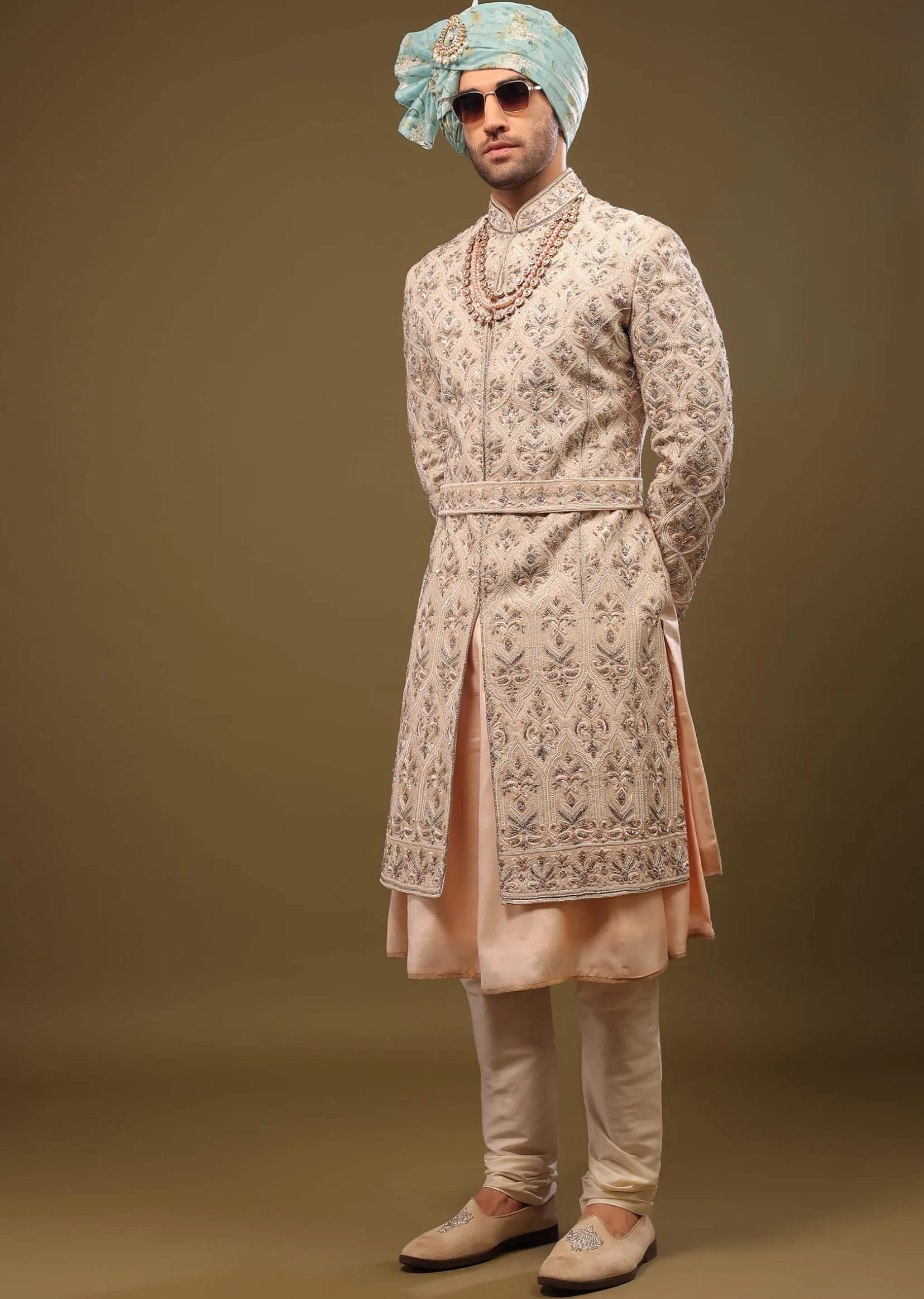 Champagne Brown Embroidered Silk Sherwani Set