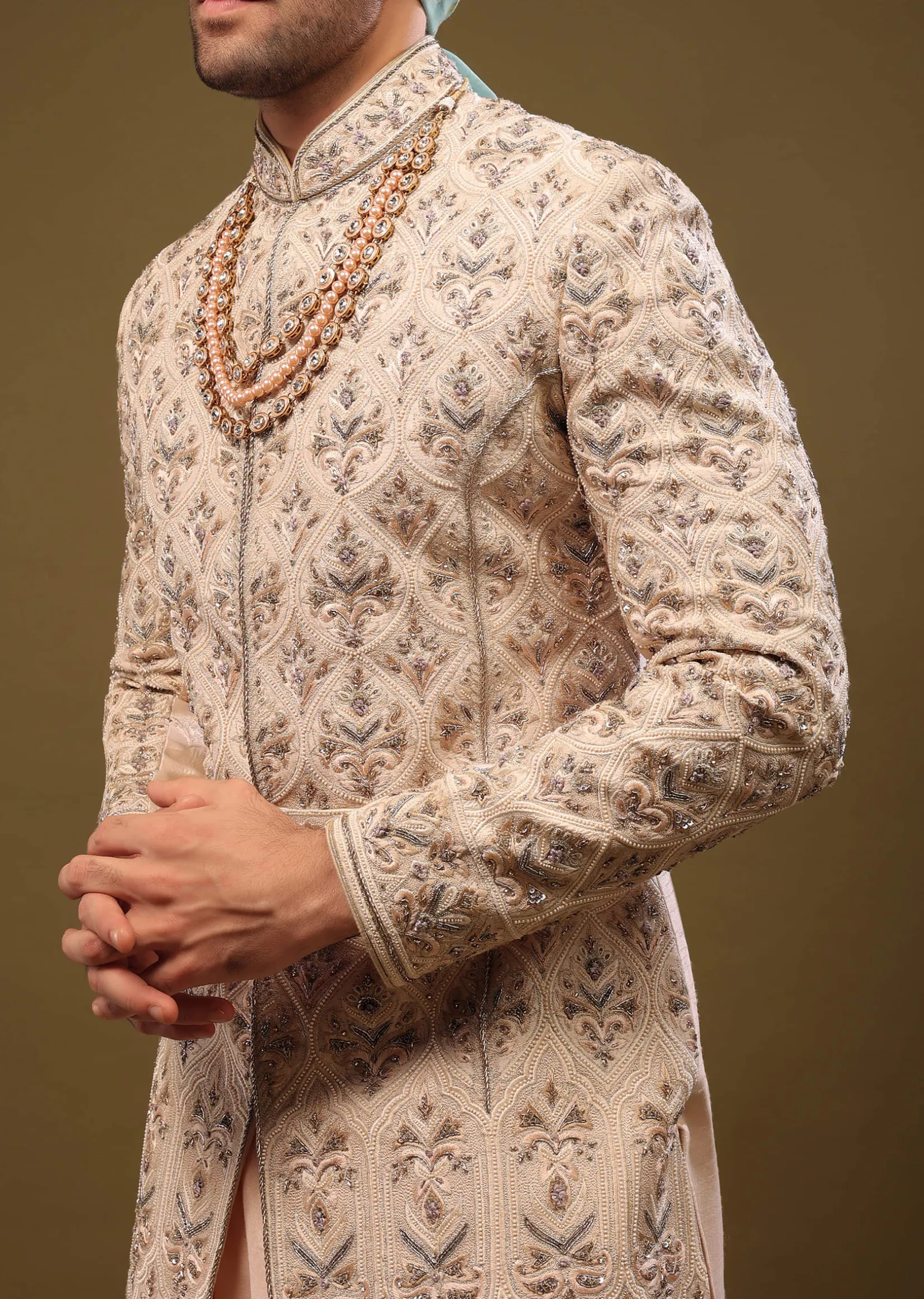 Champagne Brown Embroidered Silk Sherwani Set