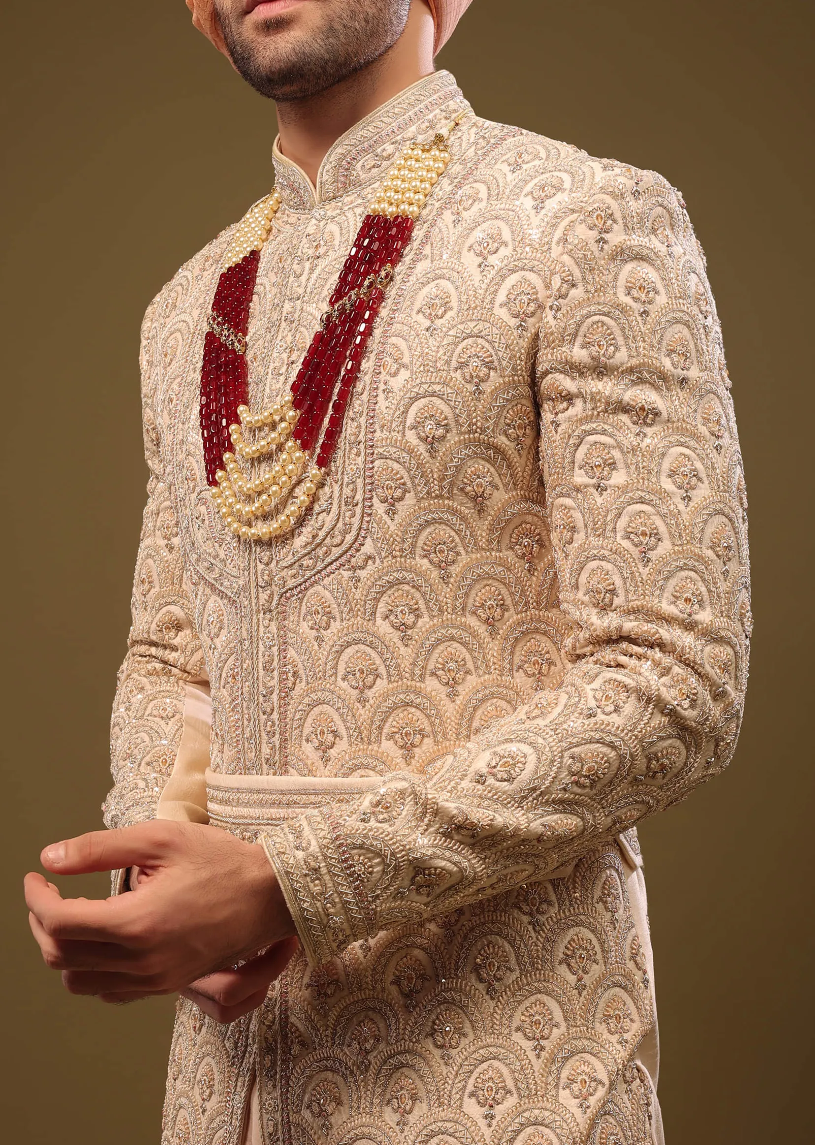 Champagne Brown Silk Sherwani Set With Hand Embroidery