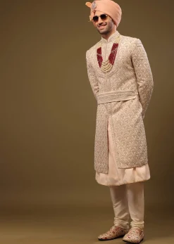 Champagne Brown Silk Sherwani Set With Hand Embroidery