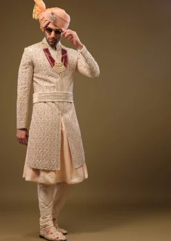 Champagne Brown Silk Sherwani Set With Hand Embroidery