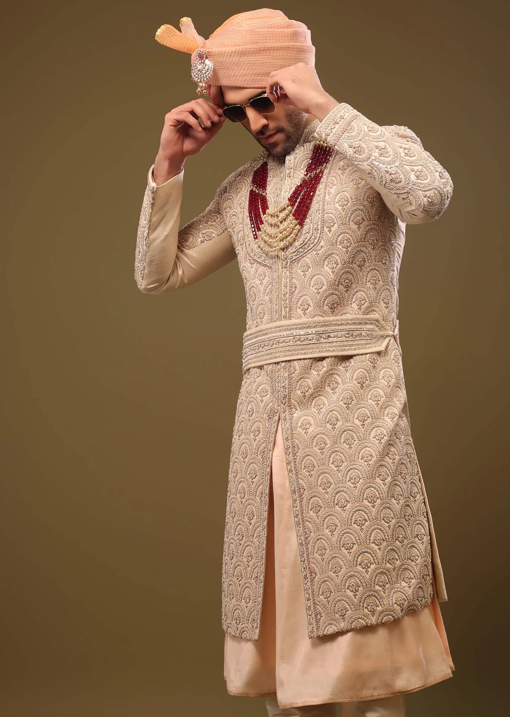 Champagne Brown Silk Sherwani Set With Hand Embroidery
