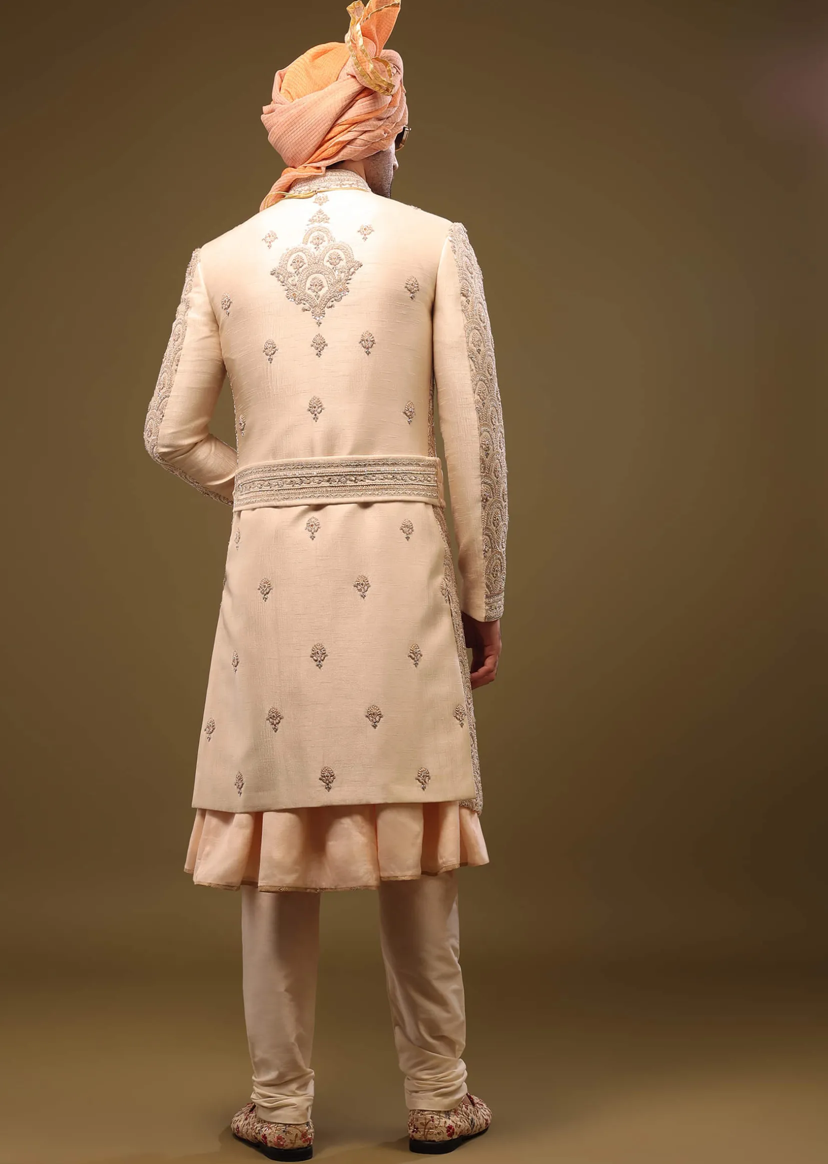 Champagne Brown Silk Sherwani Set With Hand Embroidery