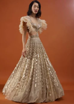 Champagne Gold Angelic Gown In Net With Ruffle Sleeves And Mirror Work - NOOR 2022