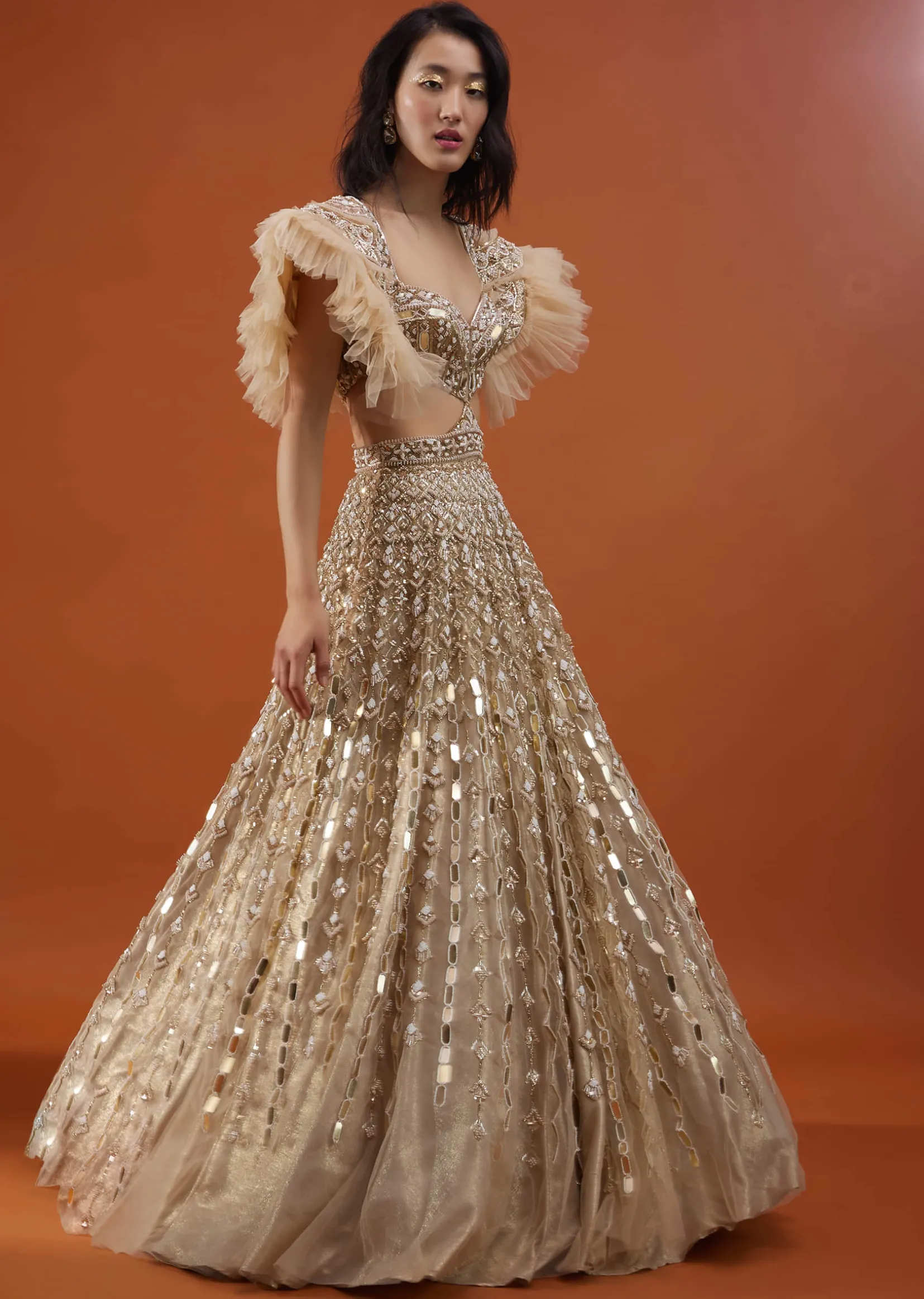 Champagne Gold Angelic Gown In Net With Ruffle Sleeves And Mirror Work - NOOR 2022