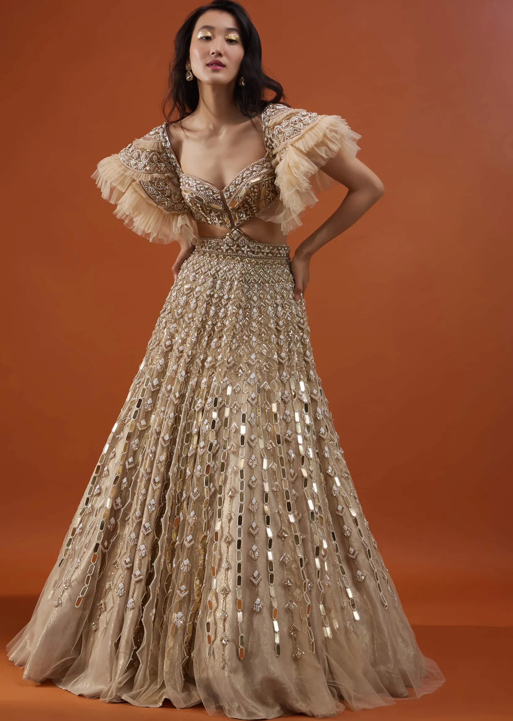 Champagne Gold Angelic Gown In Net With Ruffle Sleeves And Mirror Work - NOOR 2022