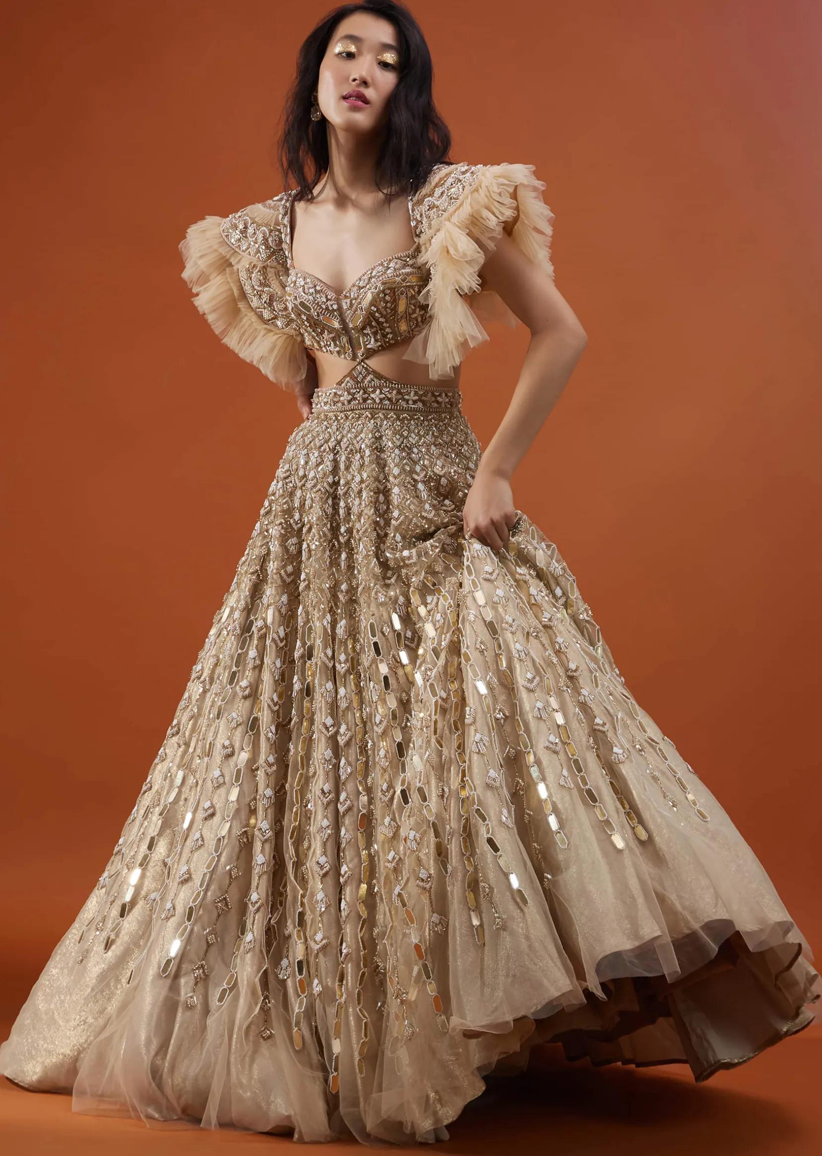 Champagne Gold Angelic Gown In Net With Ruffle Sleeves And Mirror Work - NOOR 2022