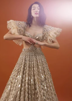 Champagne Gold Angelic Gown In Net With Ruffle Sleeves And Mirror Work - NOOR 2022