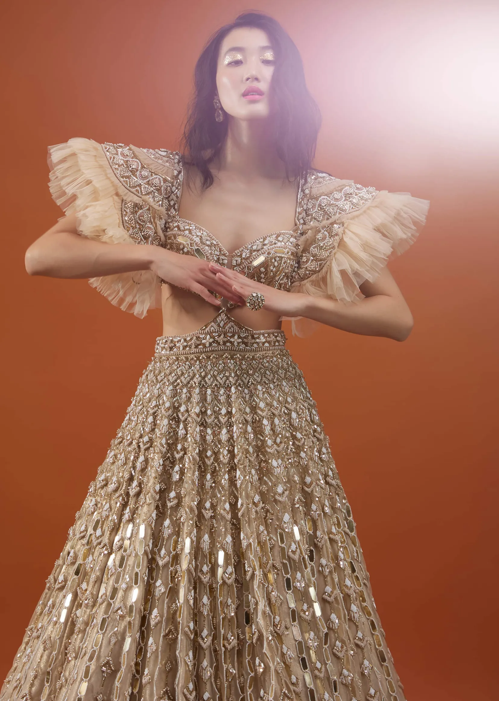 Champagne Gold Angelic Gown In Net With Ruffle Sleeves And Mirror Work - NOOR 2022