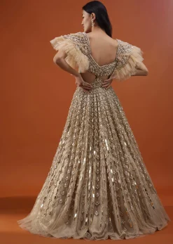 Champagne Gold Angelic Net Gown With Mirror Work And Ruffle Sleeves - NOOR 2022