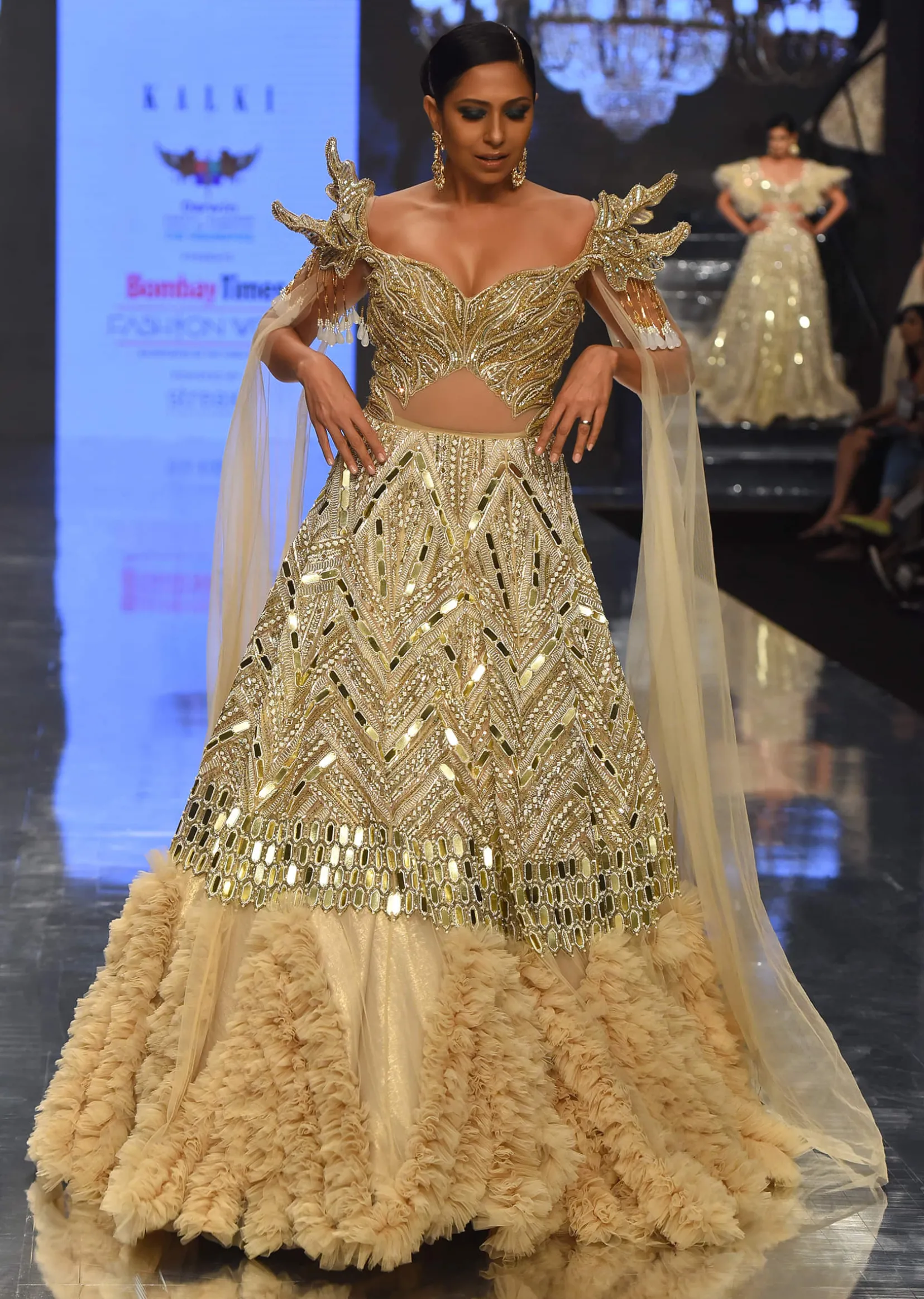 Champagne Gold Divine Net Fabricated Gown With Ruffle Frill Adornment - NOOR 2022
