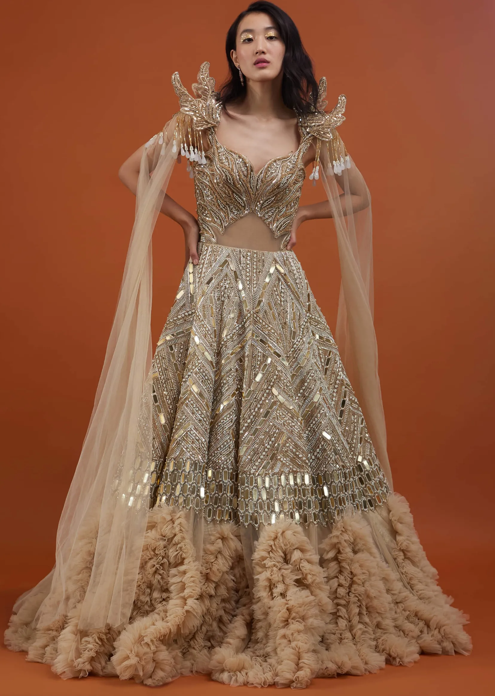 Champagne Gold Divine Net Fabricated Gown With Ruffle Frill Adornment - NOOR 2022