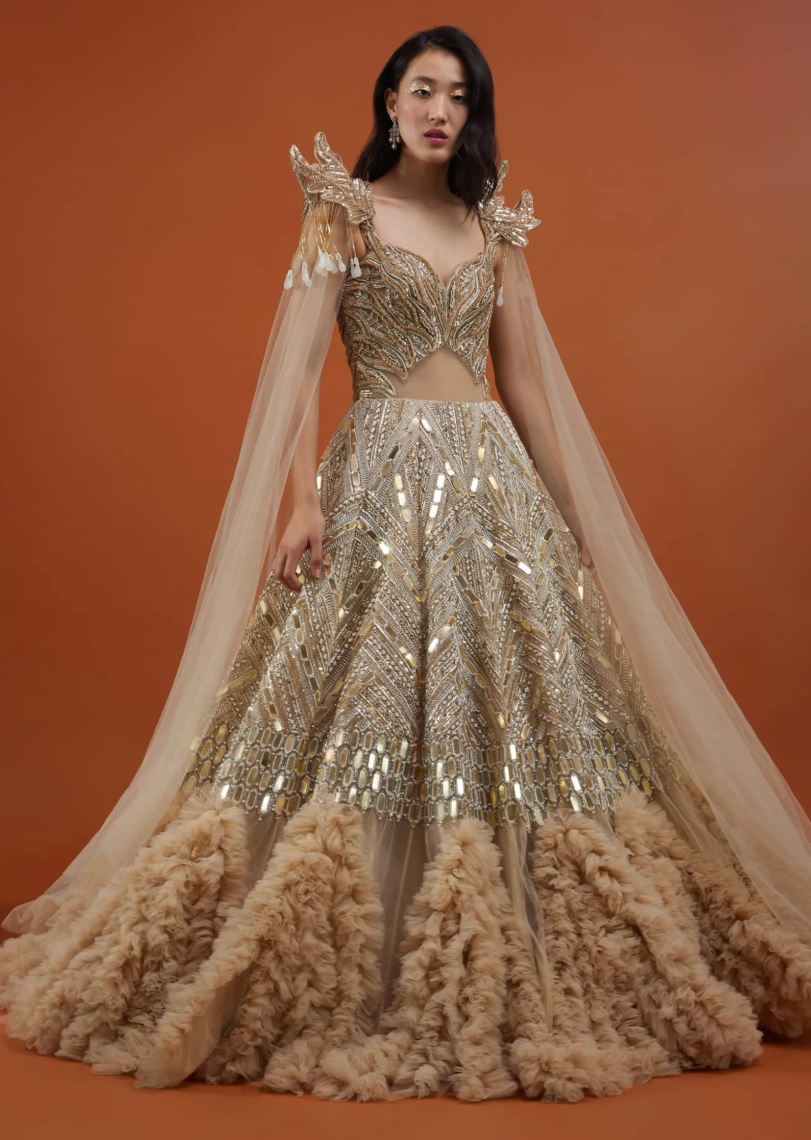 Champagne Gold Divine Net Fabricated Gown With Ruffle Frill Adornment - NOOR 2022