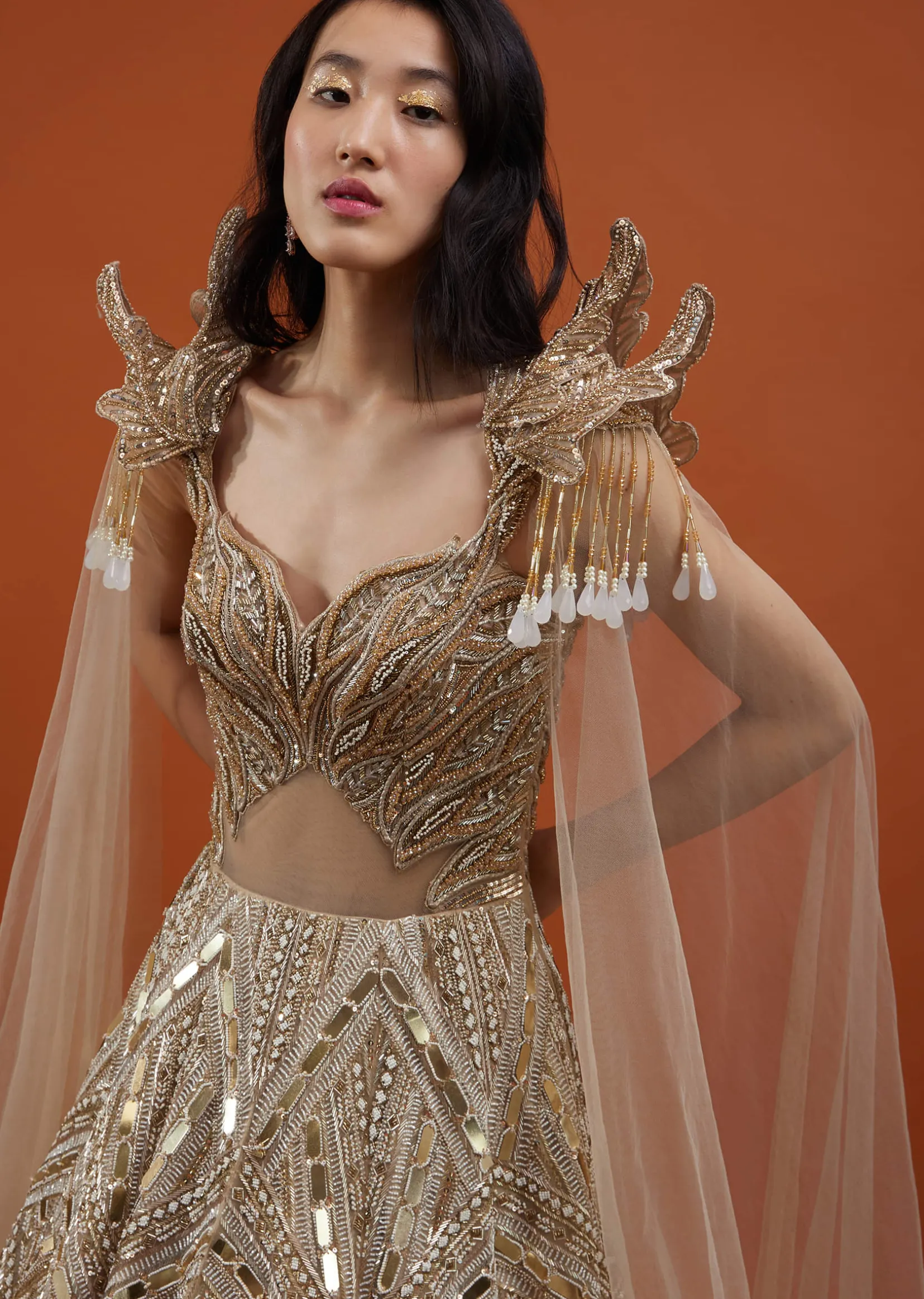 Champagne Gold Divine Net Fabricated Gown With Ruffle Frill Adornment - NOOR 2022