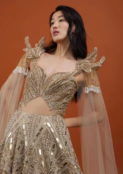 Champagne Gold Divine Net Fabricated Gown With Ruffle Frill Adornment - NOOR 2022