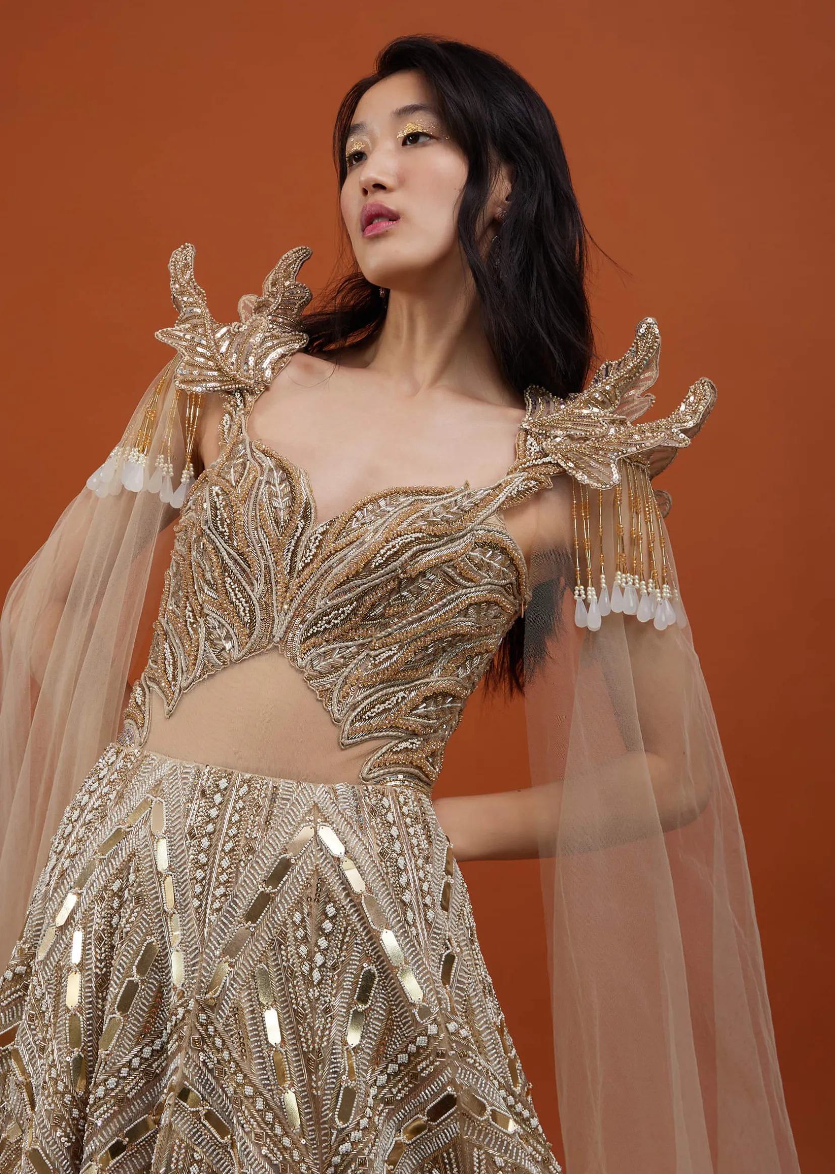Champagne Gold Divine Net Fabricated Gown With Ruffle Frill Adornment - NOOR 2022