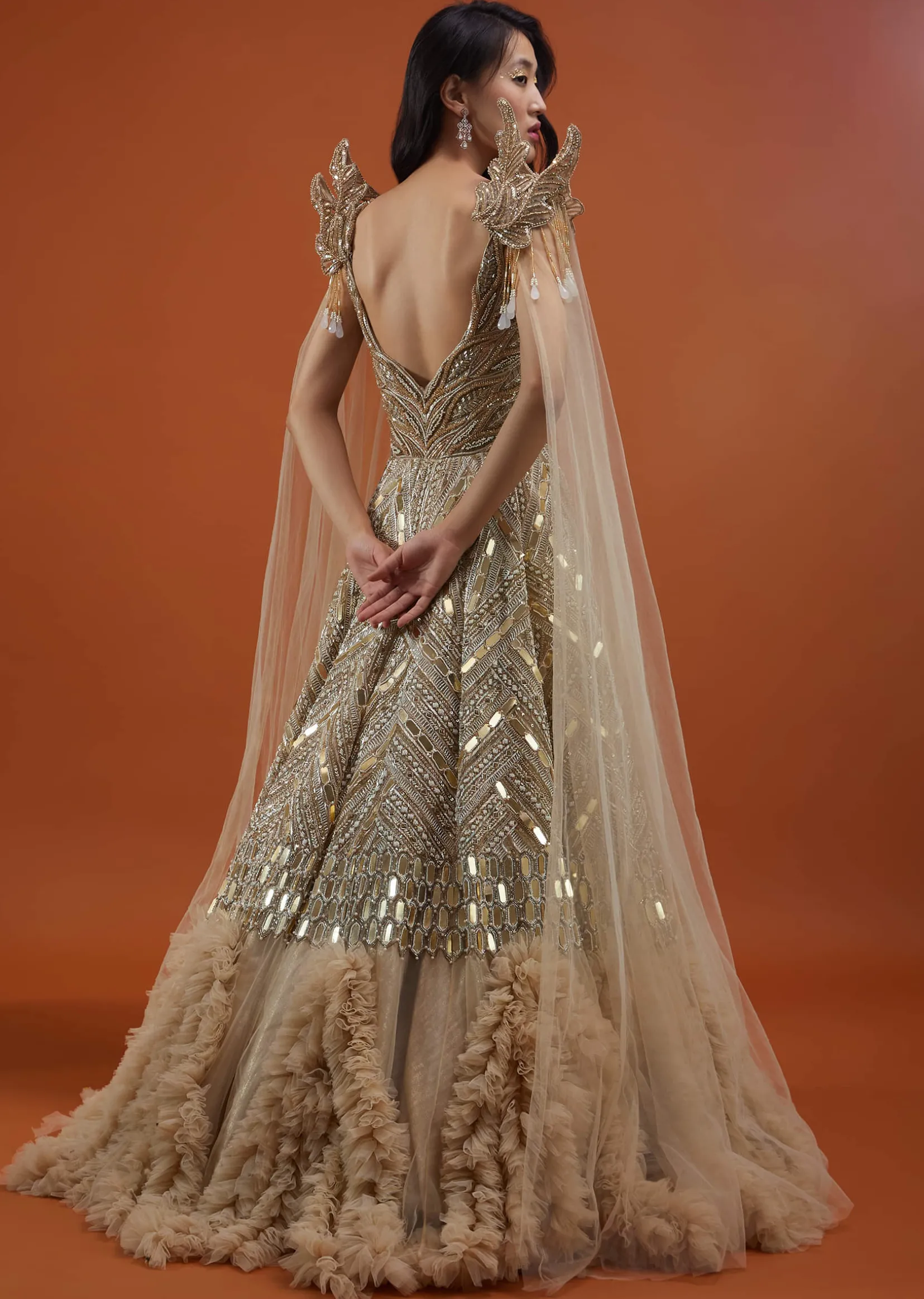 Champagne Gold Divine Net Fabricated Gown With Ruffle Frill Adornment - NOOR 2022