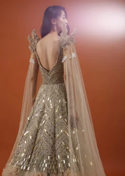 Champagne Gold Divine Net Fabricated Gown With Ruffle Frill Adornment - NOOR 2022