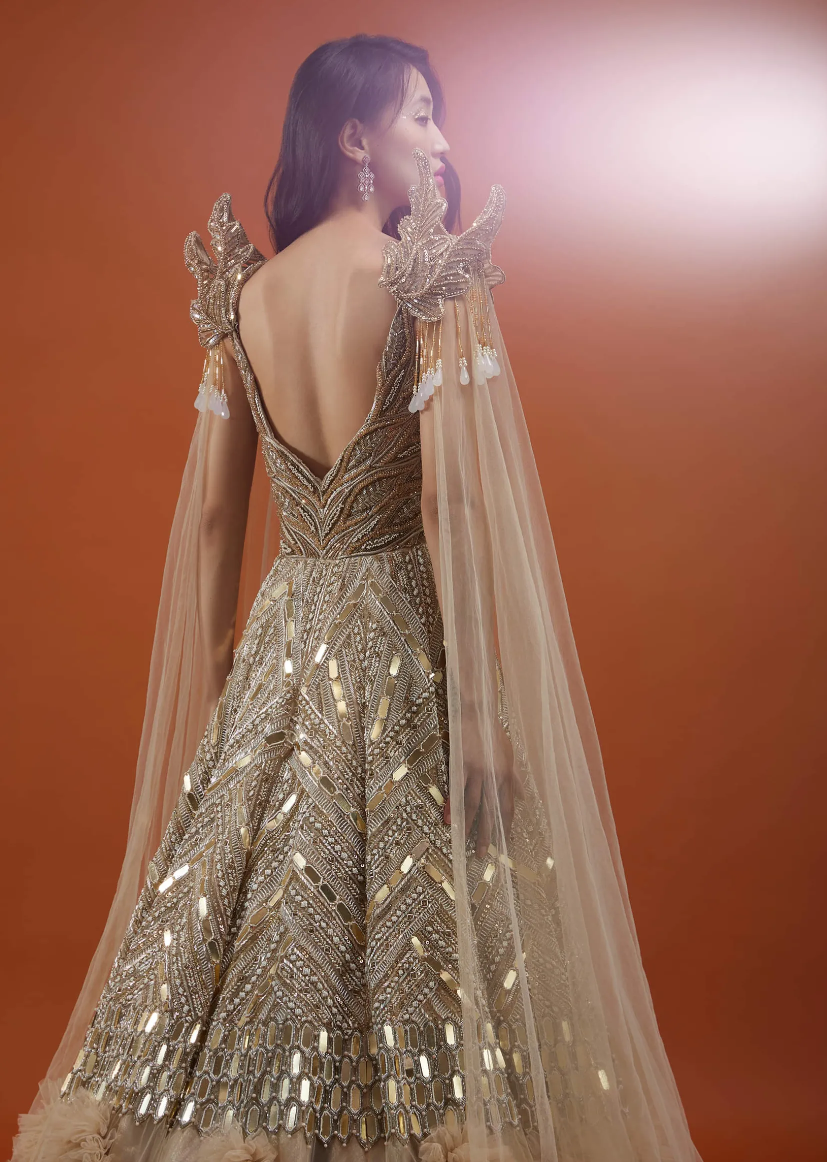Champagne Gold Divine Net Fabricated Gown With Ruffle Frill Adornment - NOOR 2022