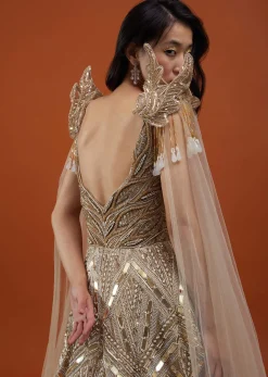 Champagne Gold Divine Net Fabricated Gown With Ruffle Frill Adornment - NOOR 2022