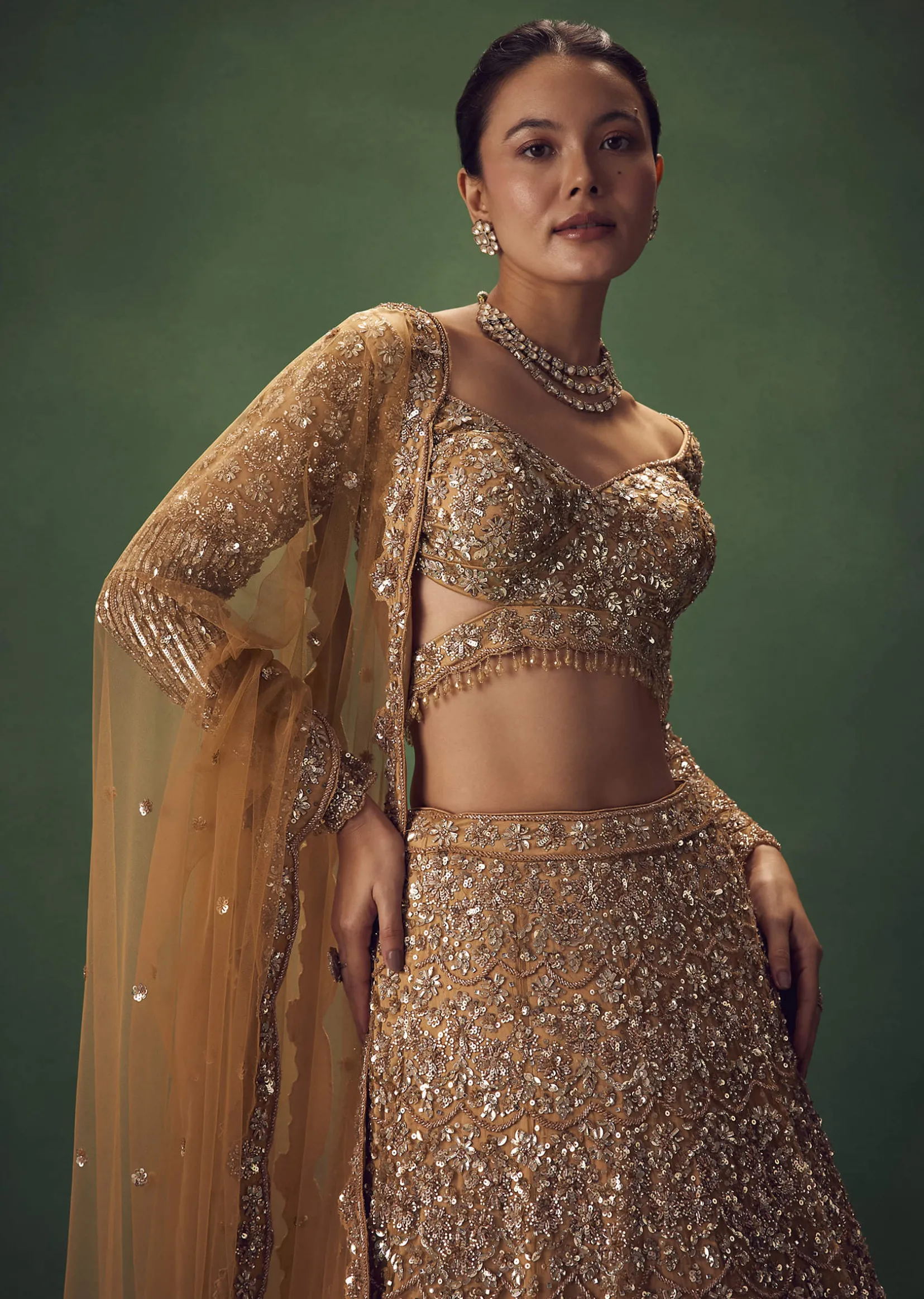 Champagne Gold Hand Embroidered Sequin Work Lehenga Set