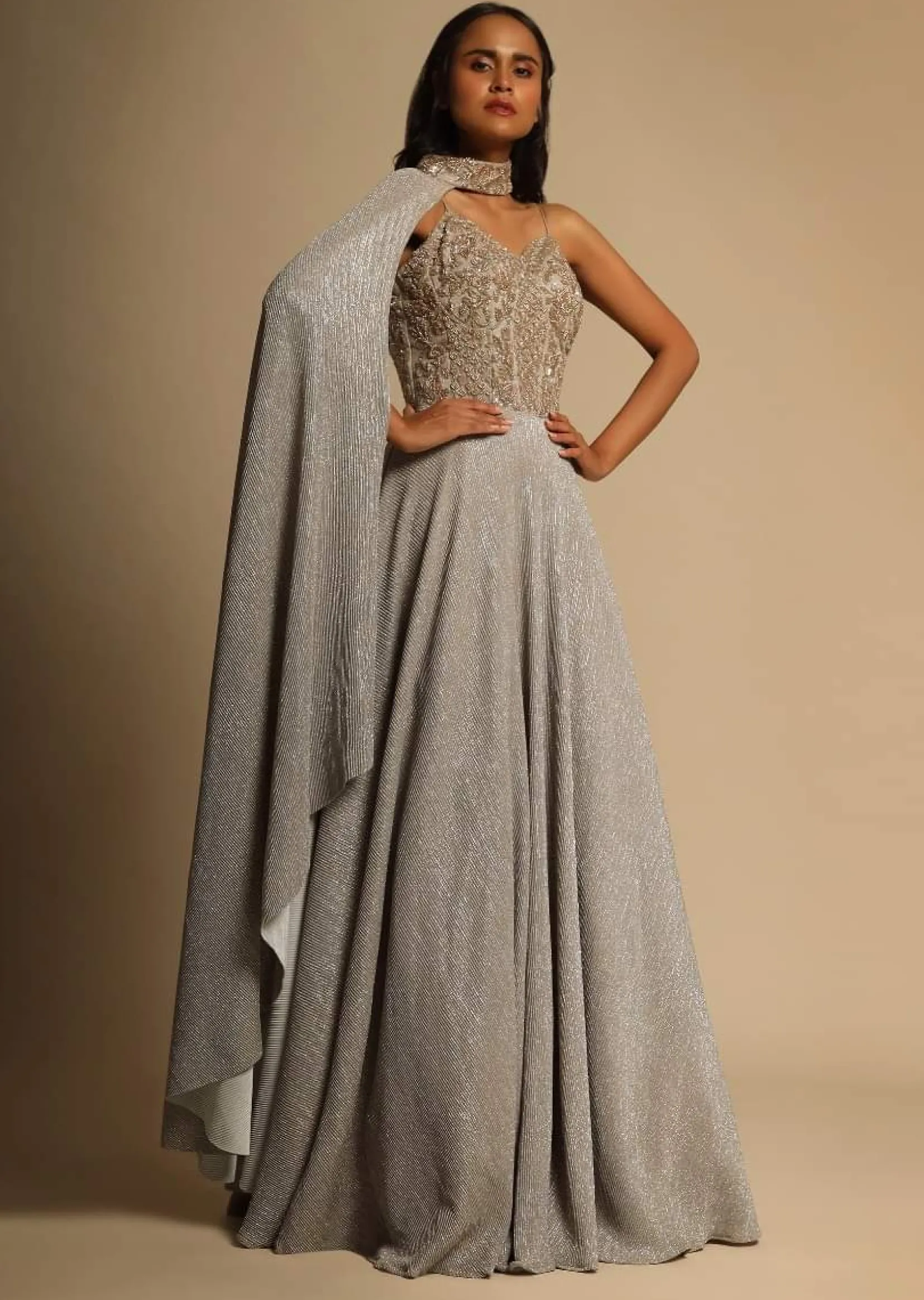 Champagne Gown With Embellished Sweetheart Cut Bodice And Spaghetti Straps Online - Kalki Fashion