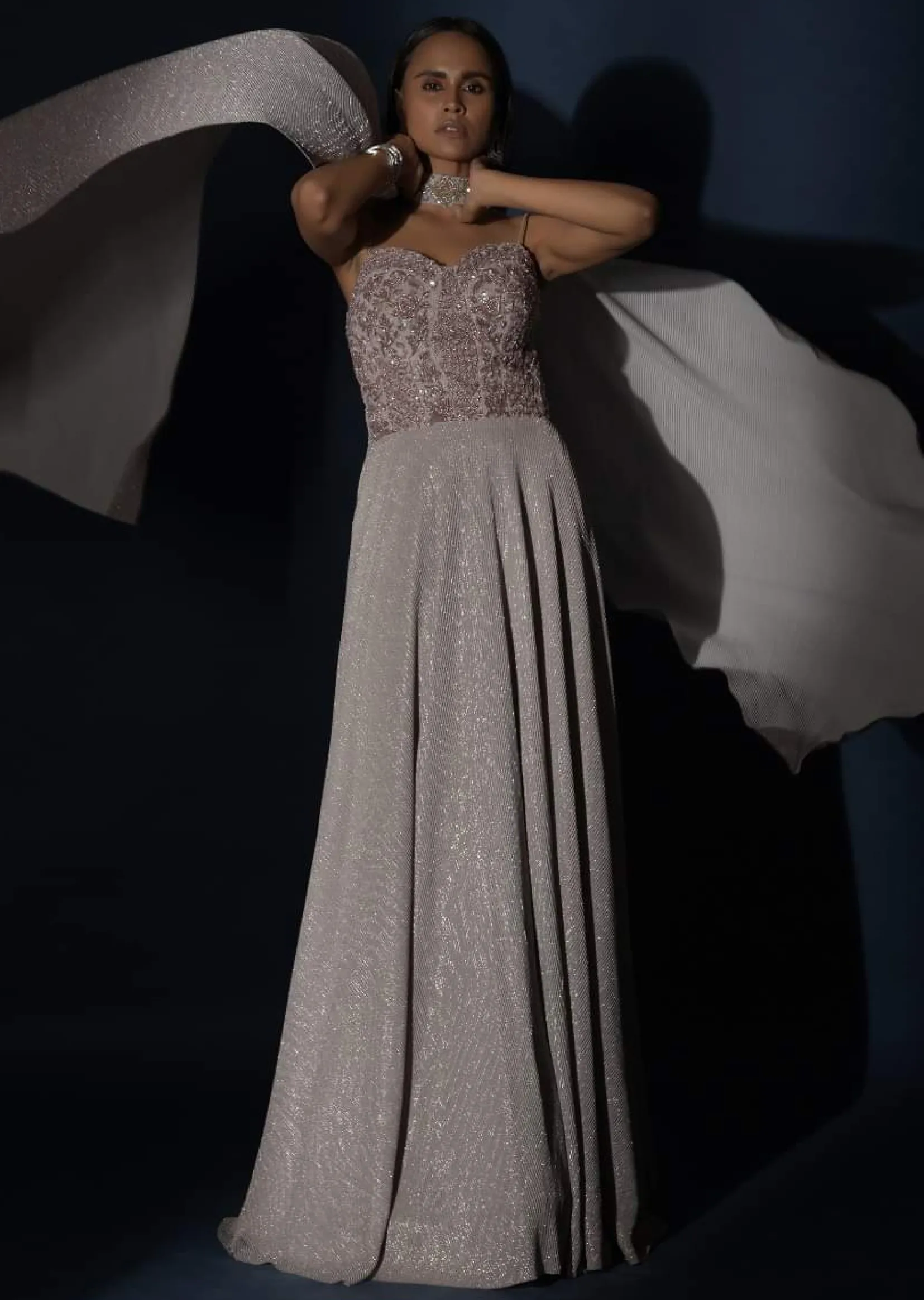 Champagne Gown With Embellished Sweetheart Cut Bodice And Spaghetti Straps Online - Kalki Fashion